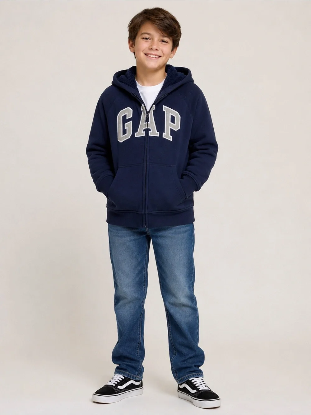 GAP Kids boys L Navy Sherpa Lined Full Zip Logo Hoodie Jacket